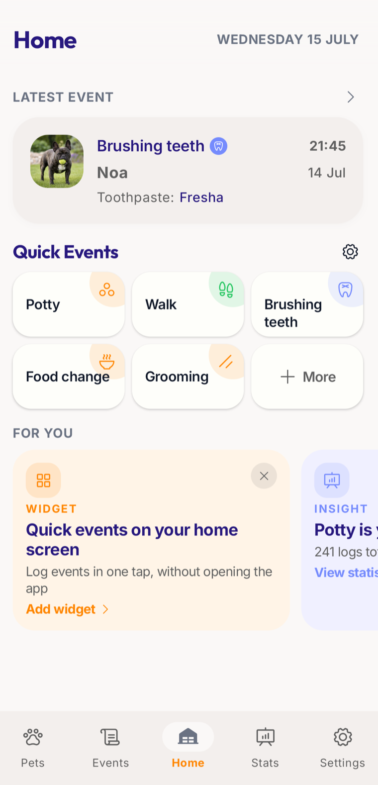 Belori app — Home screen with the latest event and one-tap quick event logging